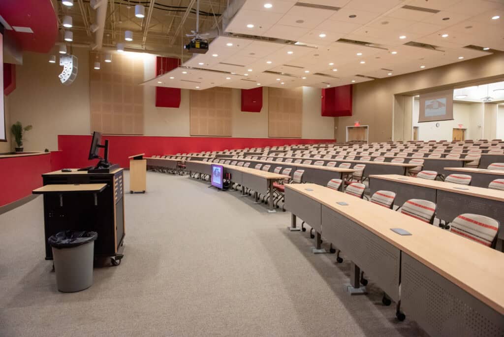 Grand Auditorium 3 Looking left across the GTCC Conference Center Grand Auditorium at a view of seating and the podium.